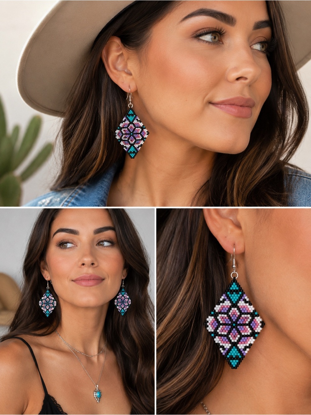 Hand Crafted Beaded Floral Diamond Drop Earrings - Turquoise & Purple